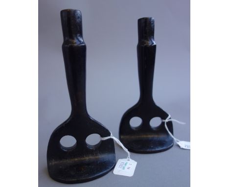 Victor Roman (1937-1995), a pair of patinated bronze candlesticks, late 20th century, signed 'R.V', 18cm high. (2). DDS  