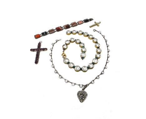 A vary coloured agate set bracelet, in a rectangular panel shaped link design, a mauve and colourless paste set pendant cross