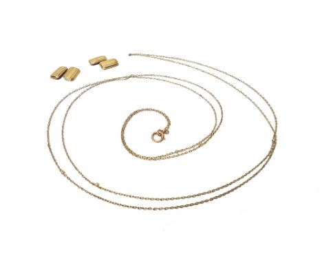 A gold and pearl long chain, in an oval link design, with a boltring clasp and a pair of 9ct gold cut cornered rectangular cu