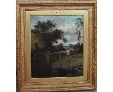 English School (19th century), Figures by a lock gate, oil on canvas, 60cm x 49.5cm.