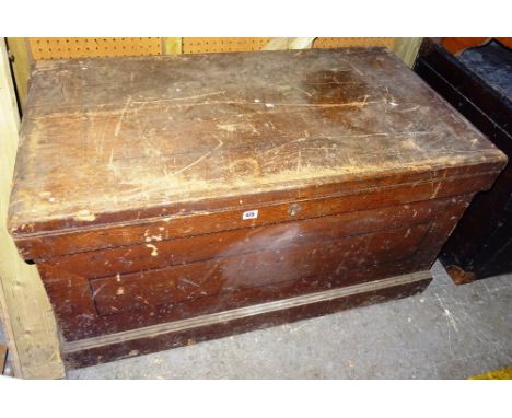 A 19th century grained pine tool chest, an early 20th century metal bound pine tool chest and a quantity of tools, 108cm wide