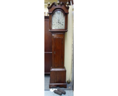 An oak eight day longcase clock, 19th century, by John Wallace, with broken arch white painted dial detailed 'John Wallace' o