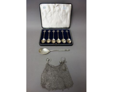 A set of six silver teaspoons commemorating The Festival of Britain 1951, London 1951, with a case, a Russian spoon with a fi