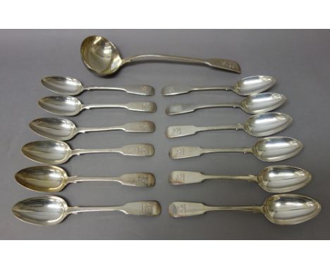 Silver fiddle pattern table flatware, comprising; twelve table forks, London 1827 and 1841, twelve tablespoons, London 1841, 