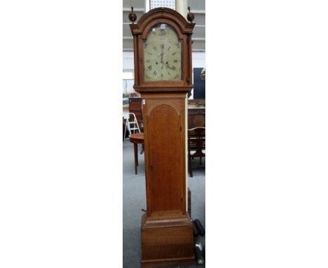 An oak eight day longcase clock, 19th century, the arch top painted dial detailed 'Edwd Tiddeman Canterbury', with subsidiary