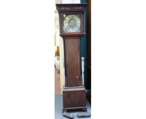 An oak longcase clock by Deykin, Worcs, 18th century and later, with square glazed hood and brass dial detailed 'Hen Deykin W