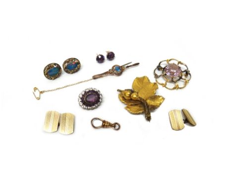 A pair of gold and amethyst single stone ear studs, the backs with post and butterfly clip fittings, a pair of opal doublet s