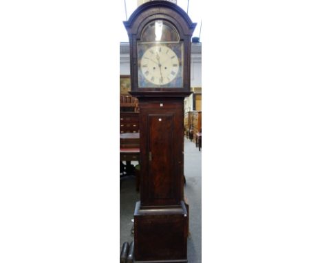 A mahogany eight day longcase clock, 19th century, with painted arch top dial, two train movement and a waisted case (a.f), 2