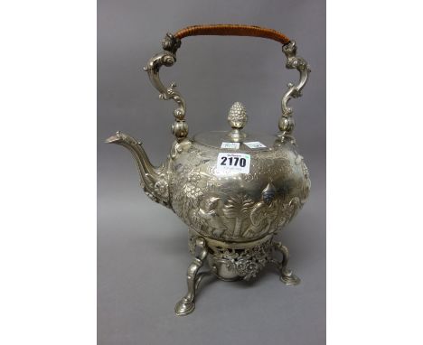 A George II silver tea kettle, stand and lamp, Daniel Chartier, London 1743, later chased with chinoiserie figures in landsca