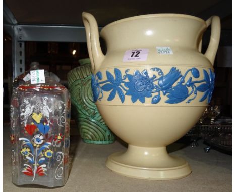 Ceramics and glass comprising; a Regency white pottery jug moulded with a face, with later inscription to base, Wedgwood crea