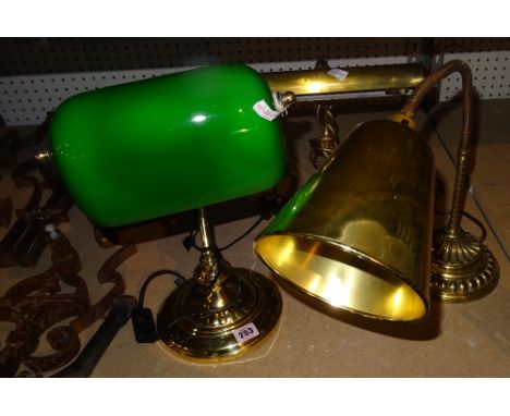 A 20th century brass and glass reading lamp with two further brass examples, (3).  S4