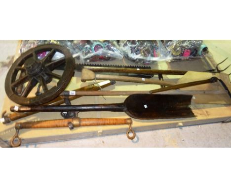Agricultural interest, comprising; early 20th century farming tools, spades, scythes, saws and sundry, (qty).  S3