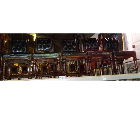 'Hunter', a set of seven Victorian mahogany dining chairs, with button back black leather upholstery, (7).  I3