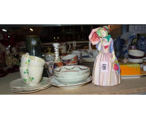 Ceramics, comprising; mainly 20th century, including Belleek cups and saucers, a Doulton figure of Miss Demure, an Imari deco