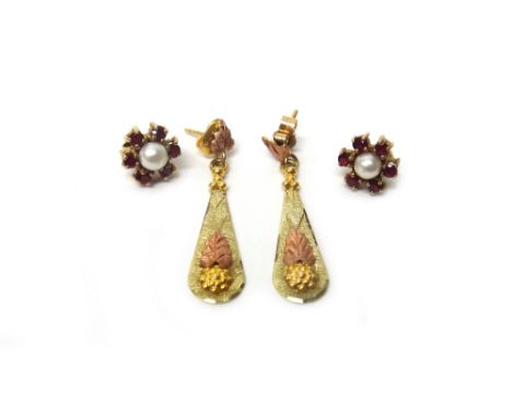 A pair of 9ct gold, ruby and cultured pearl cluster earstuds, the backs with post and butterfly clip fittings and a pair of t