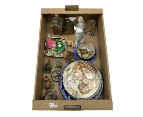 Lladro figure of a girl holding a lamb, four Denby Village cottage ornaments, collectors plates etc