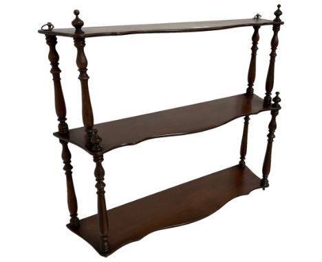 19th century three-tier wall hanging shelf, three shaped tiers with collar turned supportsDimensions: Height:&nbsp;52cm&nbsp;