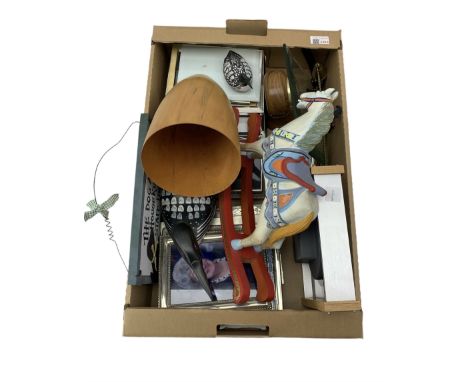 Plated, pewter and other photograph frames, Canadian carved wood duck, aneroid barometer, Lord King quartz clock and other it
