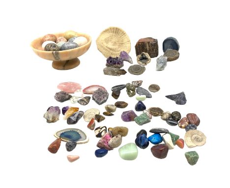 Fossil and mineral specimens including pyrites, amethyst, agate etc and a dish of marble eggs