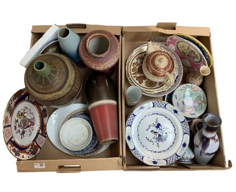 Wedgwood plate, Chinese saucers, Cobridge stoneware flambe glazed vase and other ceramics in two boxes 