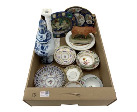 Delft vase and cover, 19th century teaware, hand painted plates etc in one box