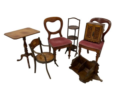 19th century mahogany tripod table with rectangular top (W56cm H69cm); Pair of mahogany framed Victorian balloon back chairs;