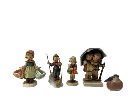 Hummel figure of a skier, another of two children with an umbrella and two others, together with a Copenhagen Robin (5)