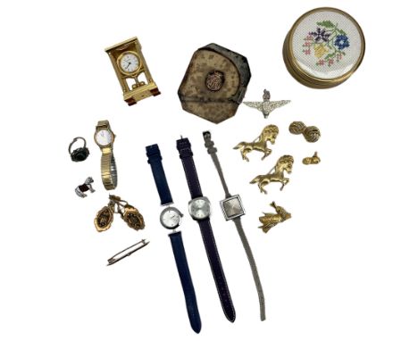 Diamond bar brooch, stamped 9ct, pair of seed pearl lyre pendants, various pairs of earrings, costume jewellery; including tw