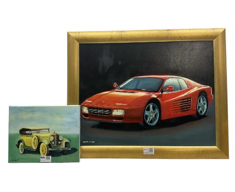 Cecelia (British Contemporary): Red Ferrari, oil on canvas signed and dated 1996, together with a oil portrait of a vintage y