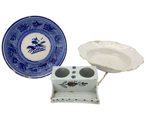 19th century French faience inkwell, painted with sprigs in sepia cobalt and green W17cm, a 19th century Spanish tin glazed b