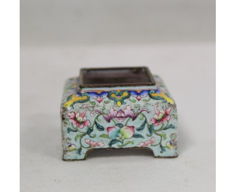 Small Chinese Canton enamel brush pot of square form with bracket feet decorated in polychrome with lucky bats amongst flower