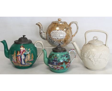 19th century lustre teapot of globular form with bark effect transfer decoration and panels of mottos "Happy may you be and l