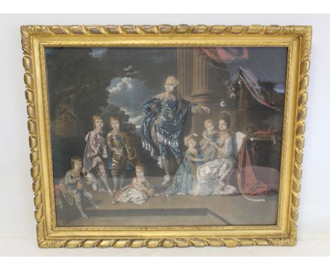 George III and Family, a hand coloured print after an original by Zoffany, 57cm x 59cm, in giltwood frame. 