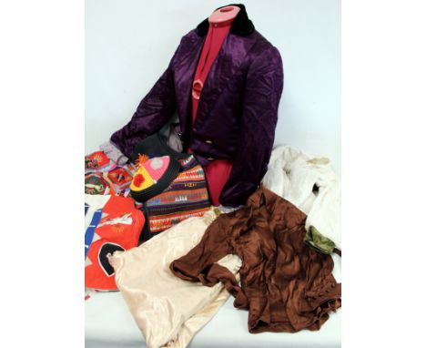 Collection of late 19th, early 20th century and later costume including a plum satin tailcoat with lace cuffs and velvet coll