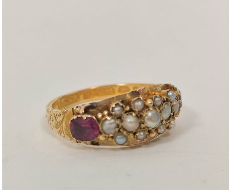 Victorian 15ct gold ring with amethysts and pearls, Chester 1866. Size 'Q'.&nbsp; 