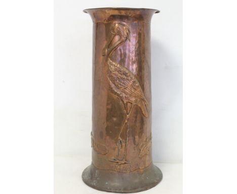Arts &amp; Crafts copper stick stand in the manner of Newlyn School, decorated with a pelican, fish and frog on lily pad. App