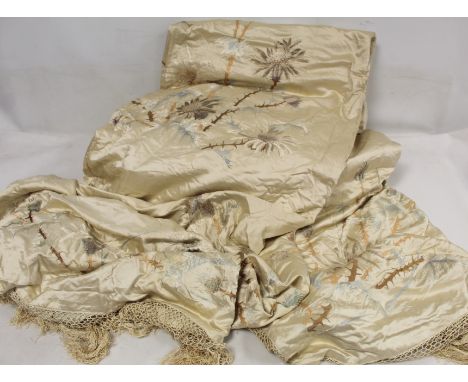 Late 19th/early 20th century Chinese cream silk satin bedspread embroidered with butterflies amongst spiny flowers, worked in