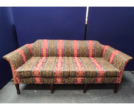 Mahogany upholstered sofa, upholstered in striped floral damask, raised on mahogany feet.&nbsp; 86cm high, 206cm wide and 78c