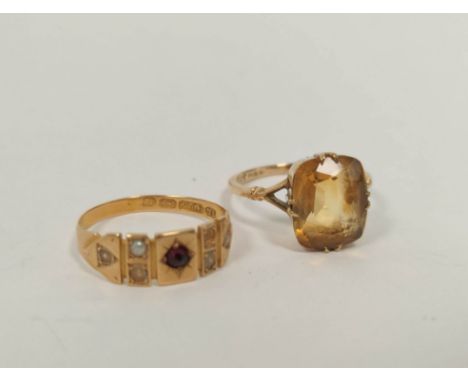 15ct gold ring with garnet and pearls, 1887 (2.6g) and a citrine ring, 4.8g. (2). 