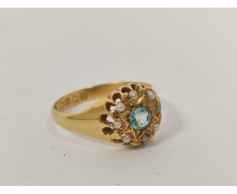 Aquamarine paste and pearl ring in 18ct gold, 3.8g.&nbsp; 