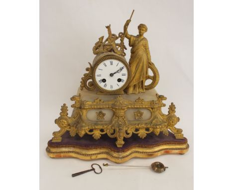 French spelter mantel clock with figure representing Industry. 32cm. 
