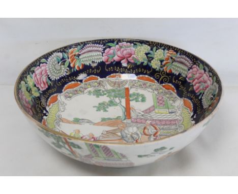 Large early 19th century Mason's wash bowl with polychrome enamel and transfer decoration in the Chinese manner, unmarked, 40