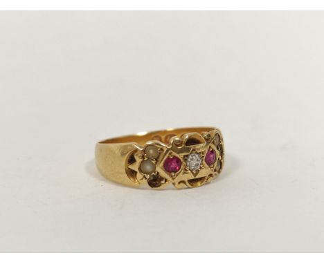 18ct gold ring with two rubies, diamonds and pearls, 3.3g. Size 'L'. 
