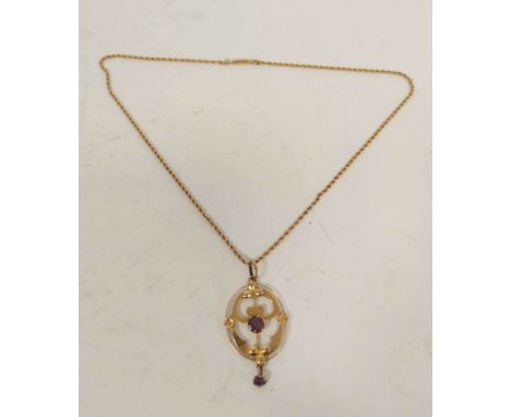 Gold oval pendant of Art Nouveau style with amethyst on gold Prince of Wales necklet '9ct', 3.9g.Condition:Appears in good co