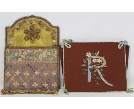 Georgian silk and damask wall pocket of rectangular form with arched top, floral and foliate embroidery in polychrome silk th