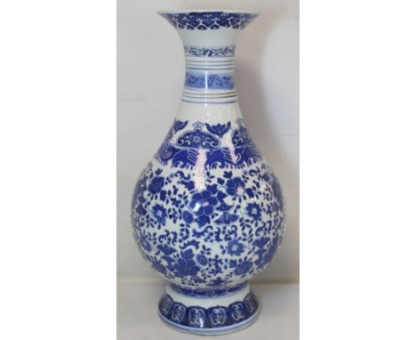 Large Chinese blue and white vase of baluster form with transfer floral and foliate scroll decoration, printed six character 