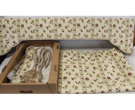 Pair of modern lined cream floral brocade curtains, approx. 122cm wide x 210cm drop, with shaped hard box pelmet, 140cm wide 