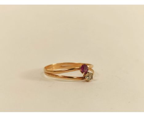 French 18ct gold ring, twin shank with amethyst and paste. Size 'O'.&nbsp; 