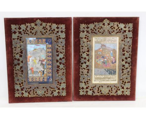 MUGHAL SCHOOL.&nbsp;2&nbsp;gouache paintings of battle scenes, one with inscriptions, the other with decorative border. Each 