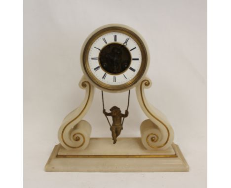 French mantel clock with chaff cutter escapement and cherub on a swing pendulum, in alabaster drum upon ormolu strung scroll 
